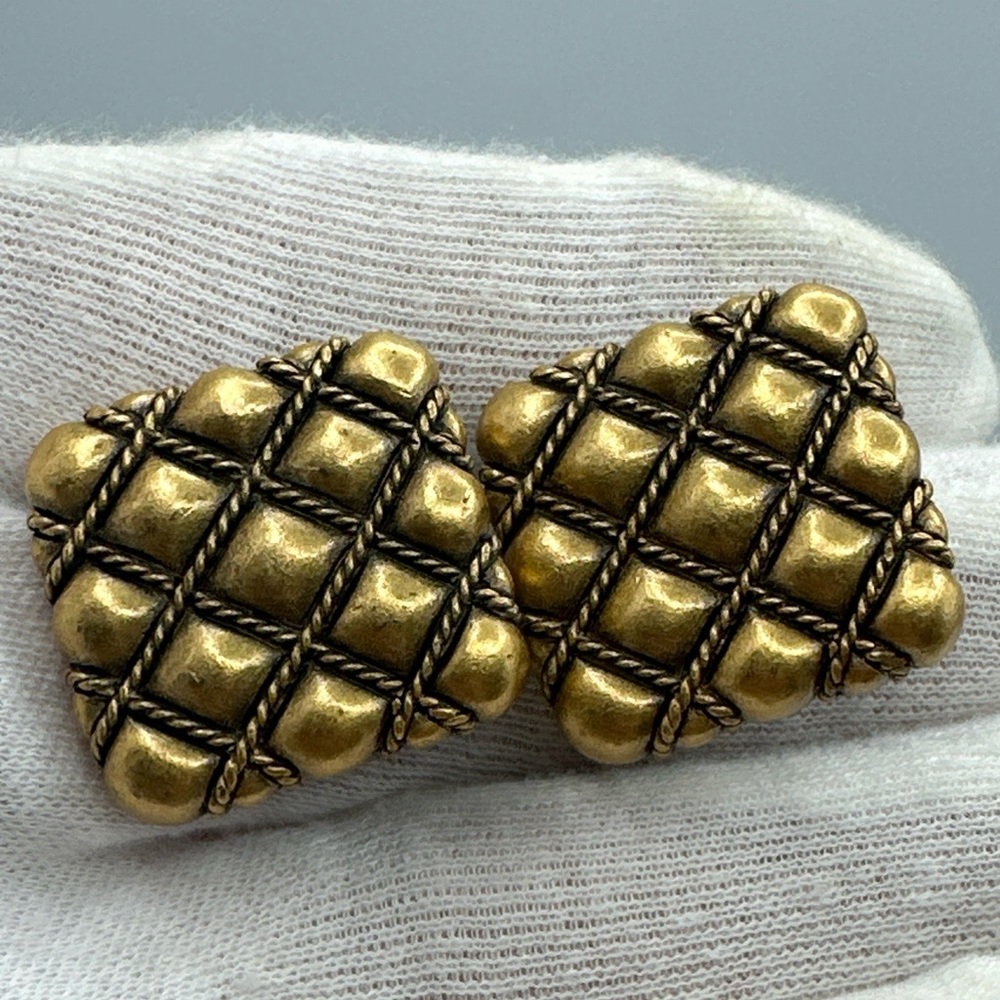 Vintage YSL Yves Saint Laurent Quilted Clip On with Post‎ Earrings Gold #793